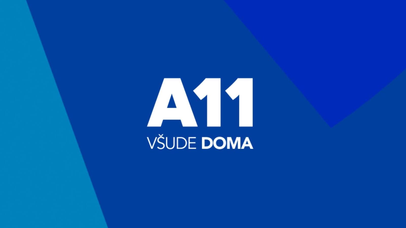 White "A11" logo with the tagline "VŠUDE DOMA" on a blue geometric background