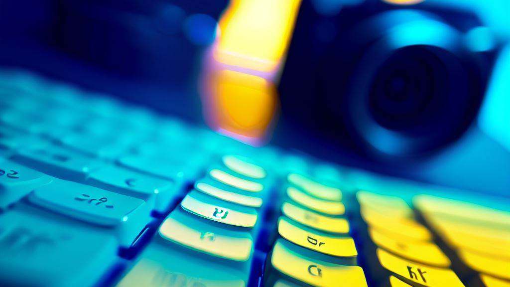 Close-up of a keyboard in blue and yellow light with a camera and microphone blurred in the background