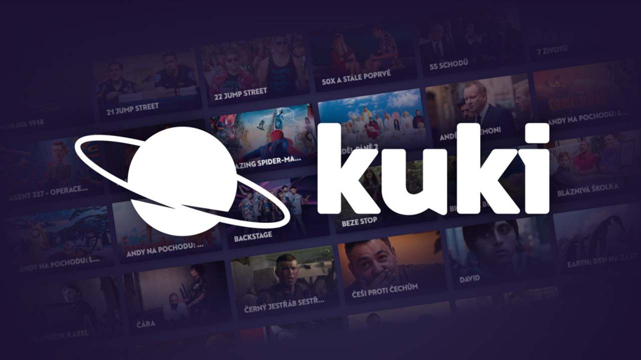 Kuki logo with a planet symbol over a blurred grid of film and series posters such as 21 Jump Street, Backstage and Beze stop