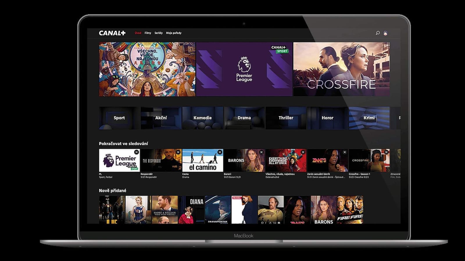 MacBook screen showing the Canal+ streaming app with banners for Premier League and Crossfire, genre tabs and rows "Pokračovat ve sledování" and "Nově přidané"