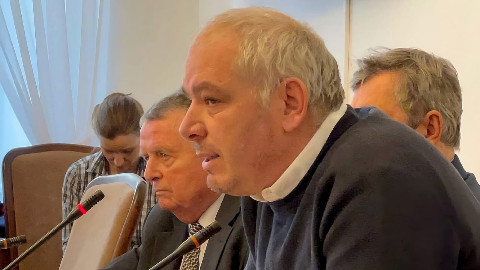 Daniel Köppl, grey-haired and in a dark sweater, speaking into a microphone at a committee table beside other seated participants