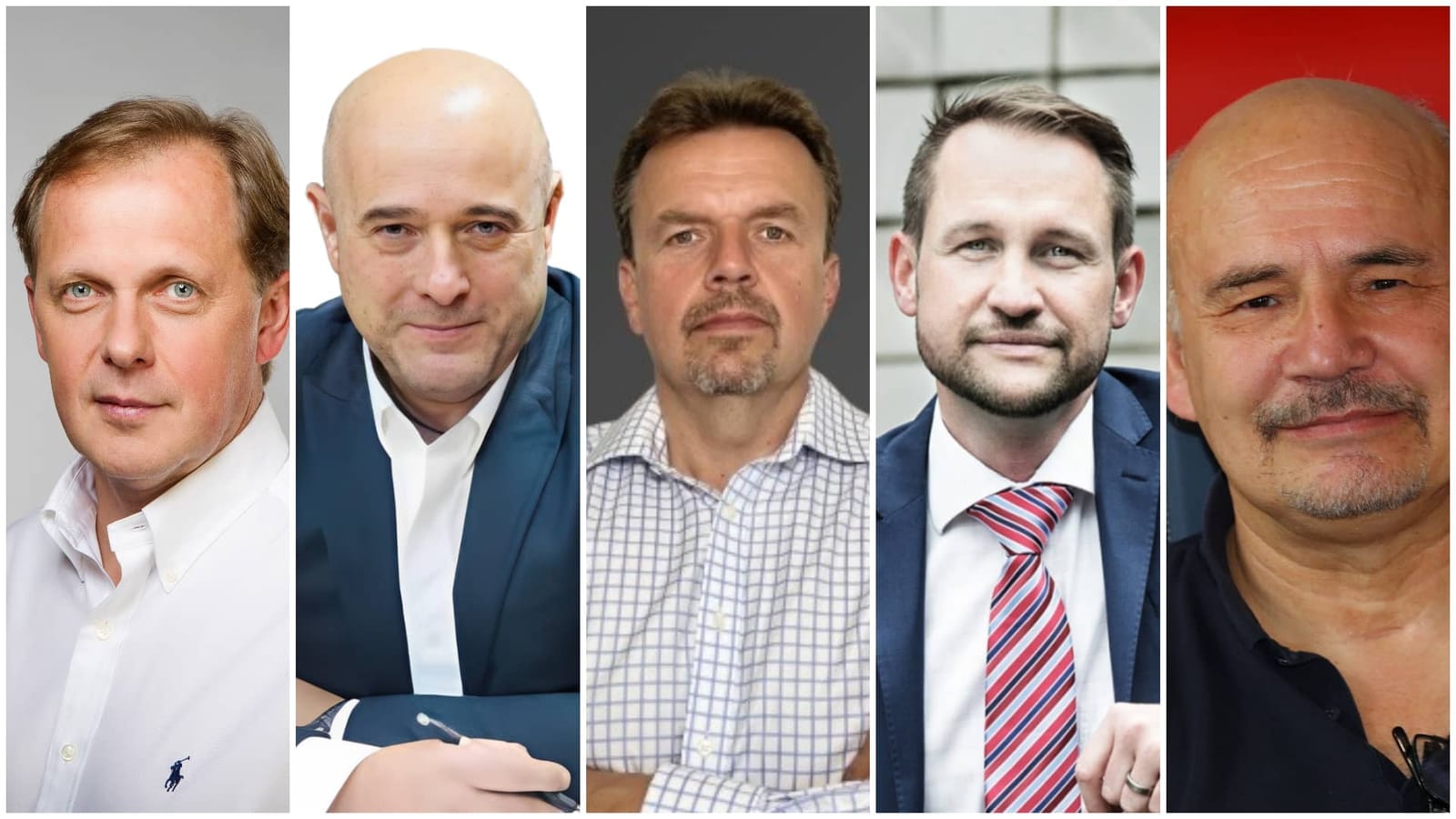 Side-by-side portraits of the five candidates for general director of Czech Television, all in shirts and suits