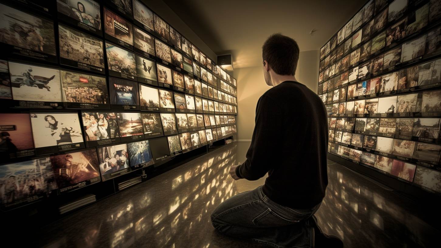 Man kneeling in a dark room surrounded by walls of glowing television screens showing many different images