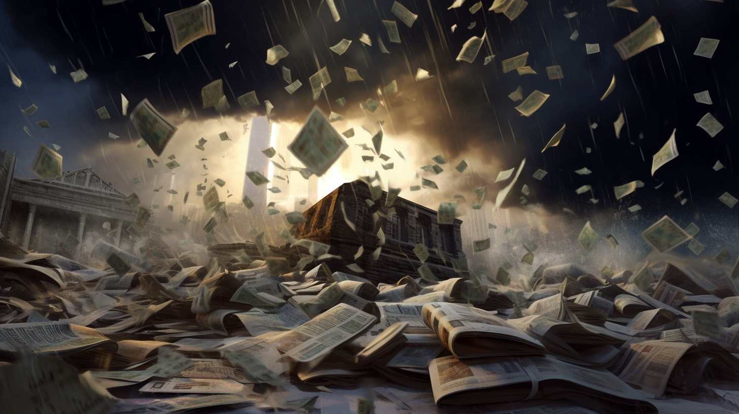 Digital illustration of banknotes swirling in a stormy sky above piles of scattered newspapers and classical buildings