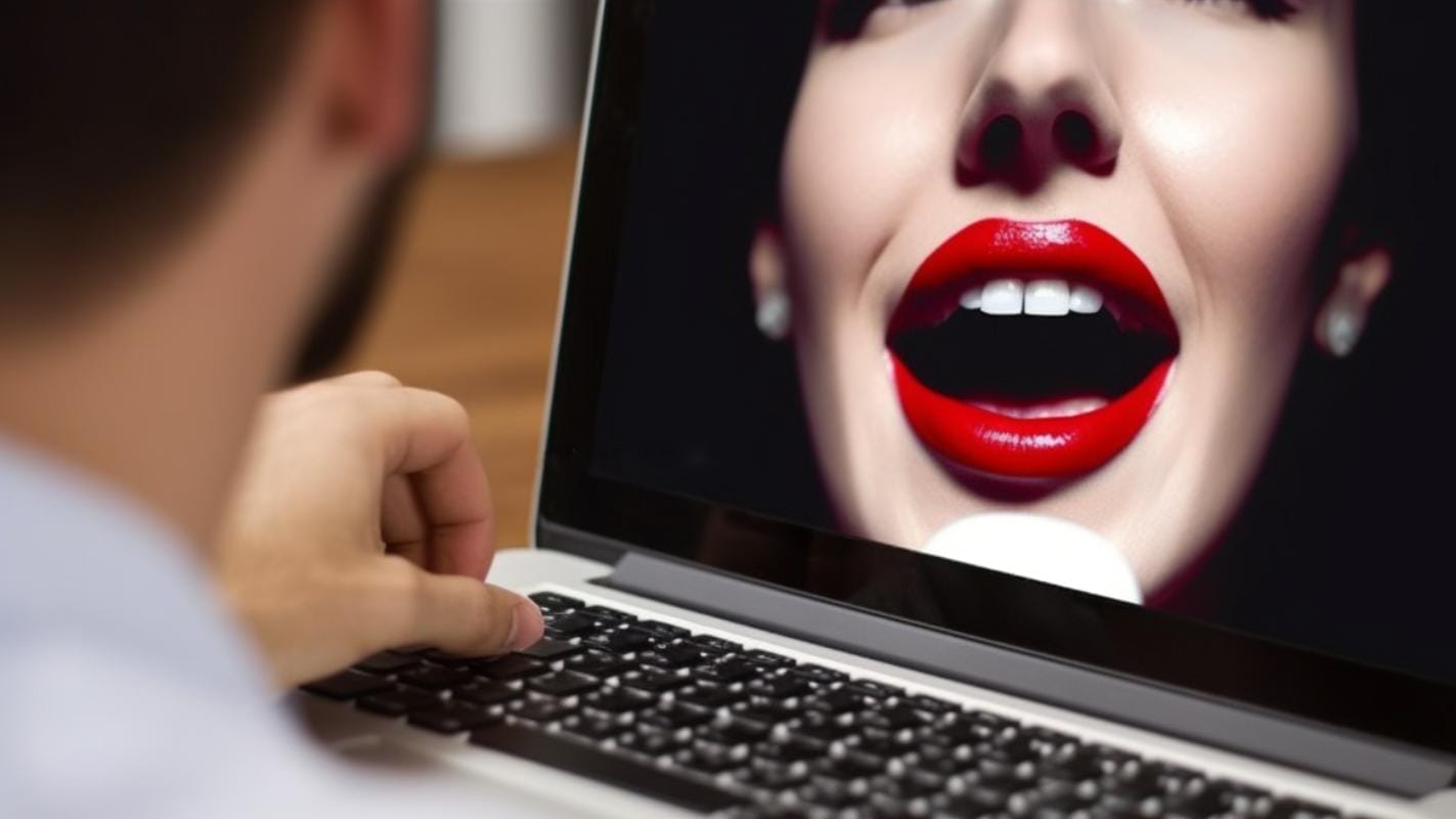 Man at a laptop showing a close-up of a woman's open mouth with bright red lipstick
